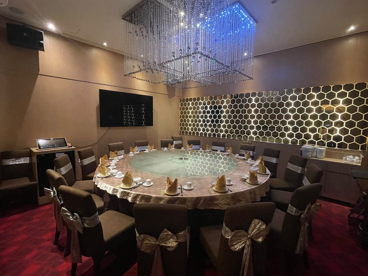 A private dining room set for a business dinner